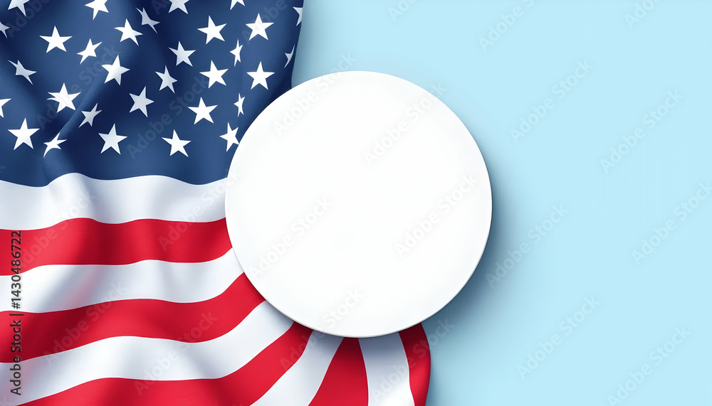 Obraz premium USA Flag Draped on Light Blue Background with Blank Circle: Patriotic Design Featuring Stars and Stripes, Ideal for Independence Day, Advertising, and Copyspace for Custom Text