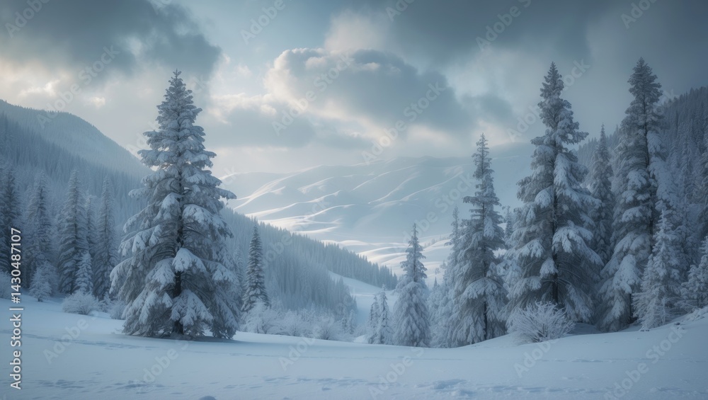 Fototapeta premium Snow-covered winter scene of mountains, fir forest, and glade