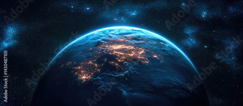 Black starry sky in the background, blue and white gradient on the edge of the earth, viewing the earth from space orbit.