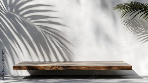2. White background of wall with palm shadows and wooden podium. Free space for your decoration. product presentation, mock up, show cosmetic product display, Podium, stage pedestal or platform