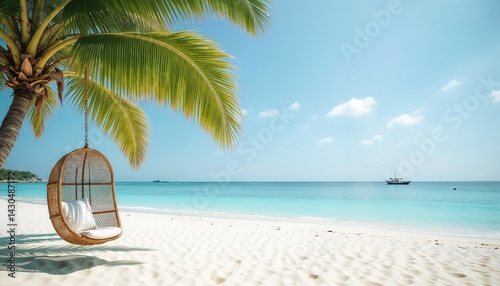 Relaxing beach scene with a swing chair under a palm tree by the blue ocean