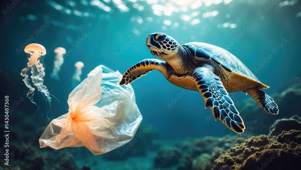 Difference between a jellyfish and a plastic bag seen floating underwater, but a turtle cannot distinguish between them.