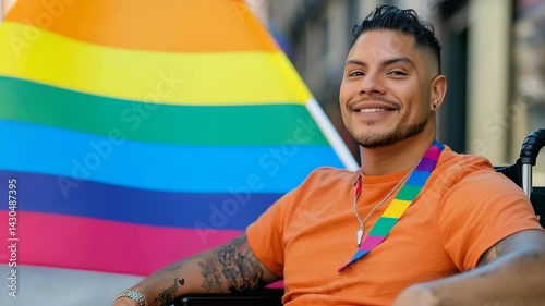 A Confident Young Man in a Wheelchair Smiles Outdoors Pride LGBT 4k video, Disability