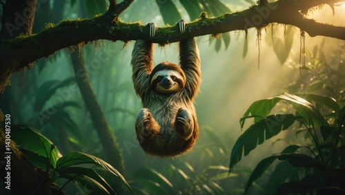 Fototapeta Naklejka Na Ścianę i Meble -  Adorable three-toed sloth hanging from a tree in Central Americaâ€™s jungle