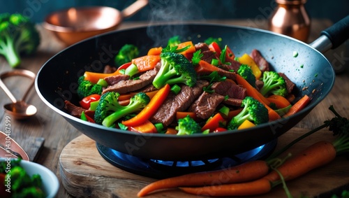 Stir-fried beef and vegetable dish in wok