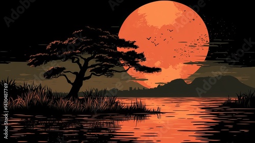 Large Orange Sunset Behind a Dark Acacia Tree Silhouette on the Left with Flying Birds, Distant Mountains, Grass, and Glowing Reflections Across a Calm Lake