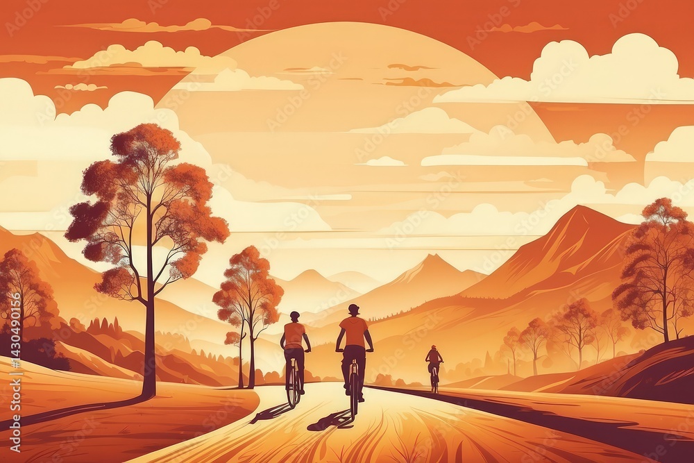 Retro vintage poster style illustration of people riding bicycles to celebrate World Bicycle Day.
