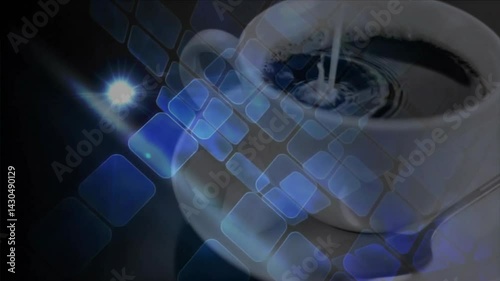 White coffee cup being filled with milk in 3D render, showing swirling ripples and blue grid