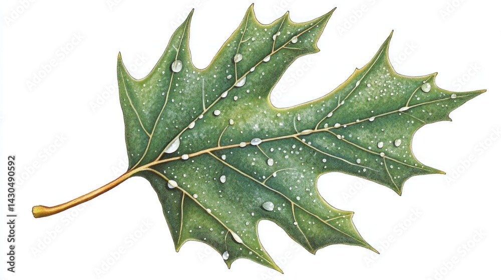 Fototapeta premium Detailed illustration of a dew-covered oak leaf