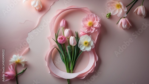 Flowers blooming in spring seen through a pink paper cutout shaped like an 8.