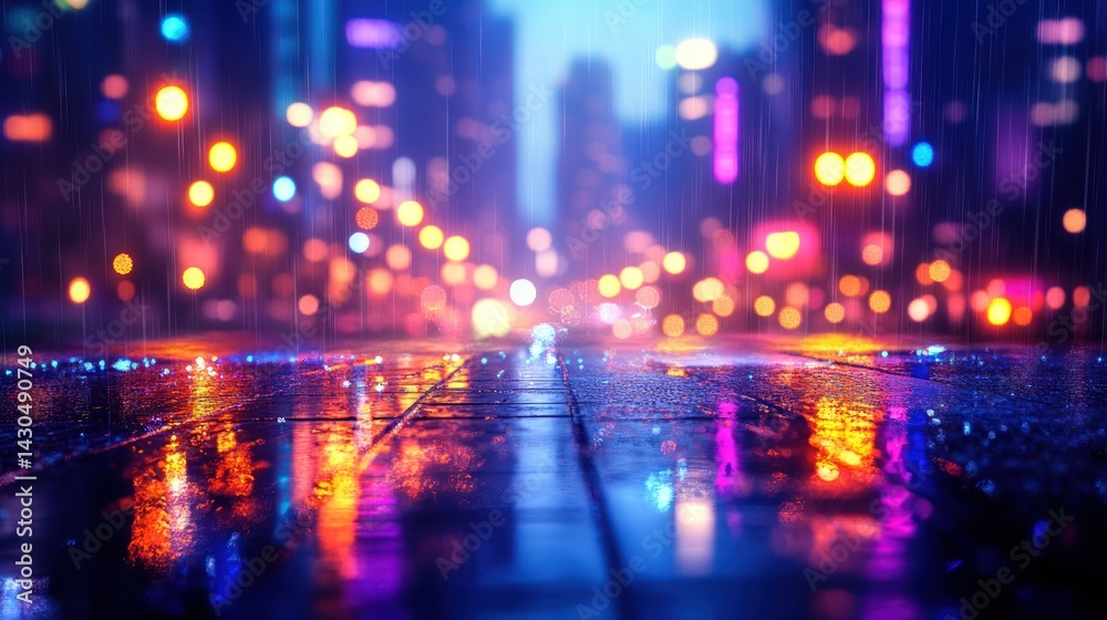 Fototapeta premium Night city street drenched in rain. Colorful lights blur in the background