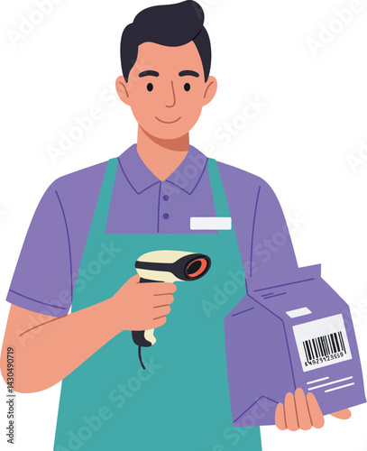 Male cashier scanning product barcode in retail store with purple and green colors vector illustration 