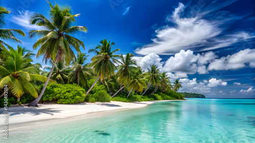 Idyllic Tropical Beach with Blue Sky, Palm Trees, and Clear Turquoise Water – Exotic Island Wallpaper 