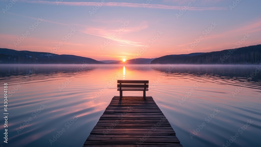 Naklejka premium Serene evening scene with sunset reflection on a frozen lake in Burgenland during winter