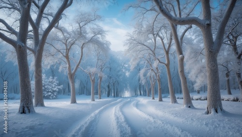 Snowy winter scene in the park with snow-covered trees and seasonal cold weather.