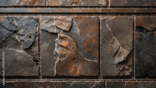 Dark brown rustic carved stone texture with metallic background and border