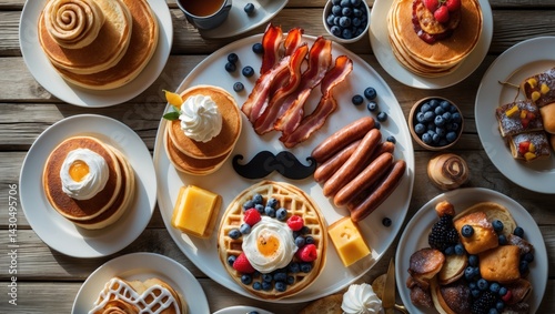 Father's Day Breakfast Frame with Food Displayed on White Wooden Background from an Overhead View