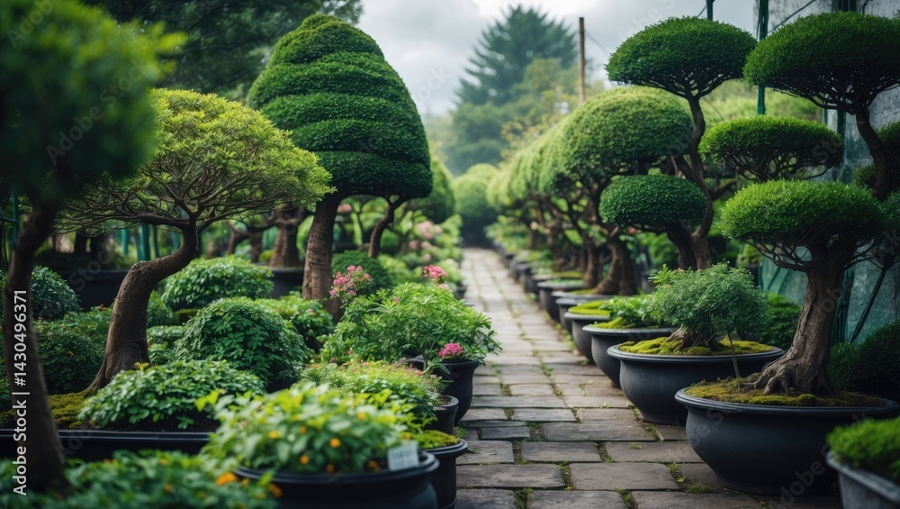 Obraz premium Neatly arranged Streblus asper bonsai trees amidst lush green scenery.