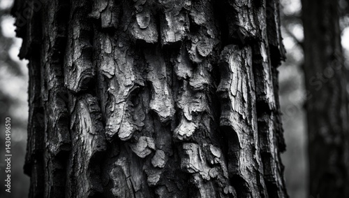 Burnt wood texture background featuring textured bark of a large pine tree with grunge black and white aesthetic