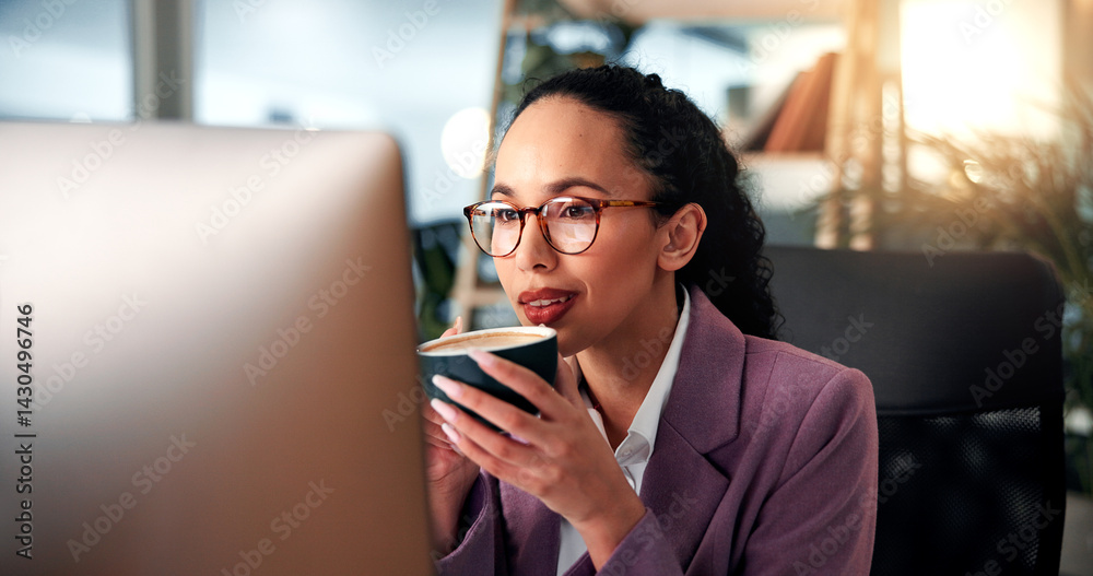 Woman, business and coffee at computer with glasses, morning routine and reading in office. Journalist, smile or mug in workplace for article review, email feedback or employee thinking at technology