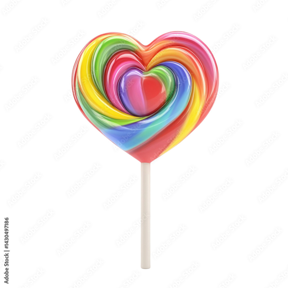 Rainbow swirl heart shaped lollipop on a stick sweet candy treat Rainbow swirl heart shaped lollipop on a stick sweet candy treat