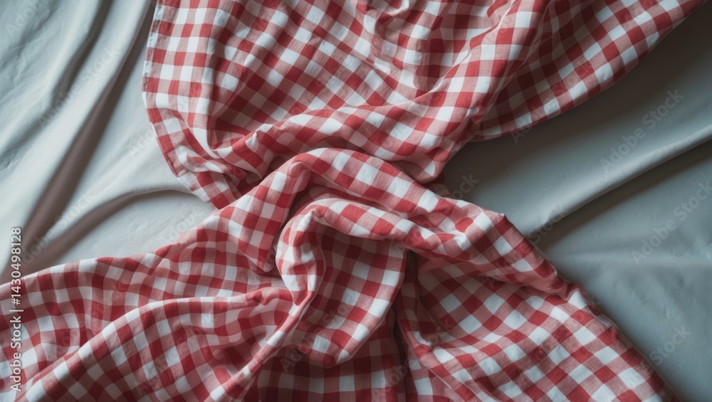 Overhead view of crumpled red and white checkered picnic tablecloth as background Overhead view of crumpled red and white checkered picnic tablecloth as background