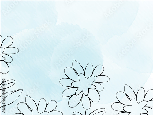 Light Blue Watercolor Background with Simple Black Line Flowers