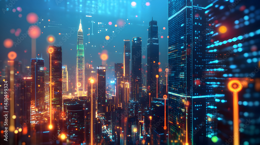 Futuristic cityscape with glowing lines connecting buildings and floating data points in the night sky Futuristic cityscape with glowing lines connecting buildings and floating data points in the night sky