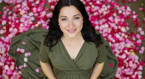 Pregnant Woman Dreamily Sitting Among Rose Petals in Olive Green Dress – Romantic Maternity Concept photo