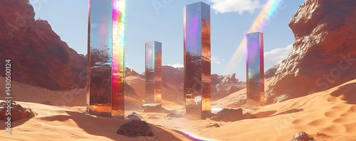 Ancient Metallic Monoliths in a Sci-Fi Desert Covered in Rainbow Prism Reflections