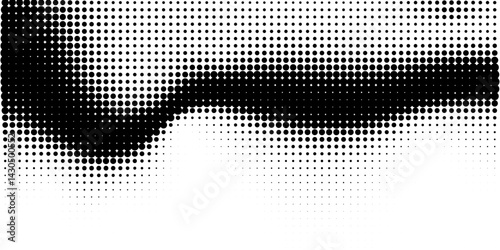 Stipple pointillism texture. Sand, grain gradient. Abstract black halftone wavy circles composed of various dots on transparent background. Geometric vector pattern for banner, card, comic book