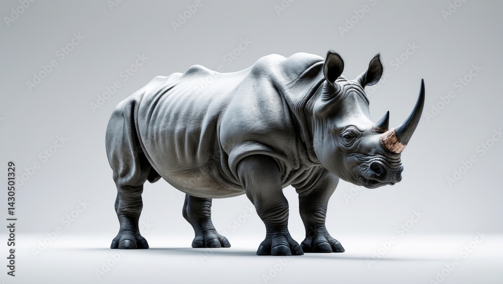 Fototapeta premium White-background image of a large rhinoceros standing and staring alone