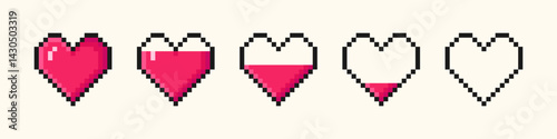 Set of pixel art hearts of life in 8-bit retro style. Game pixelated hearts for health bars. Vector illustration