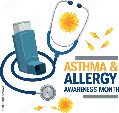 Asthma and Allergy Awareness Month Medical Equipment and Yellow Flowers Vector Illustration 