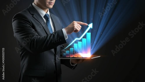 Businessman pointing at growth graph on tablet with dark background  