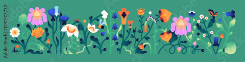 Abstract colourful floral composition on background. Different wildflowers with bugs, insects. Banner with green grass, flowers, bloom meadow and garden plants, butterflies. Flat vector illustration