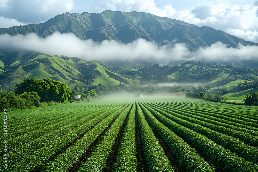 Expansive Green Farm Landscape with Misty Mountains for Serene Nature Print or Poster Expansive Green Farm Landscape with Misty Mountains for Serene Nature Print or Poster