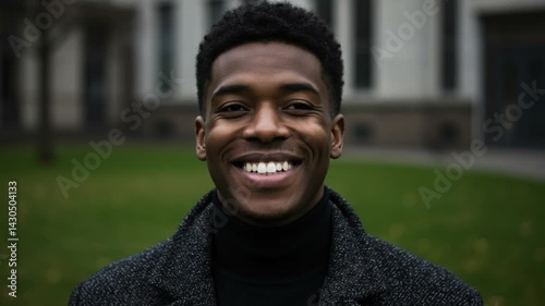Smiling man wearing a coat in a green outdoor setting  