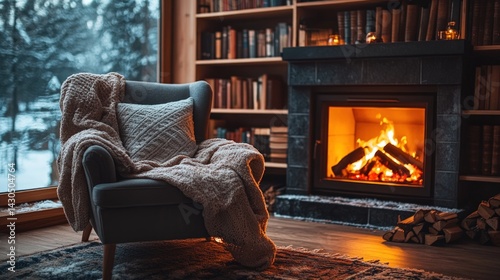 Cozy winter scene by a fireplace