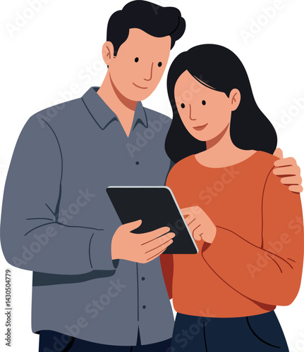 Young couple using digital tablet together in casual clothing vector illustration 