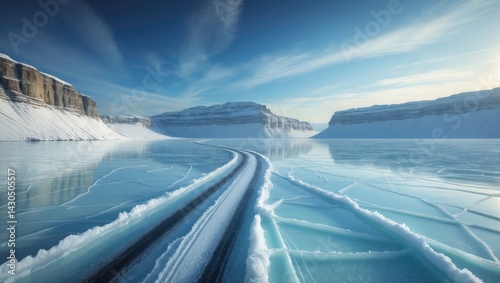 Journey along the icy road on the frozen lake surface near mountain island