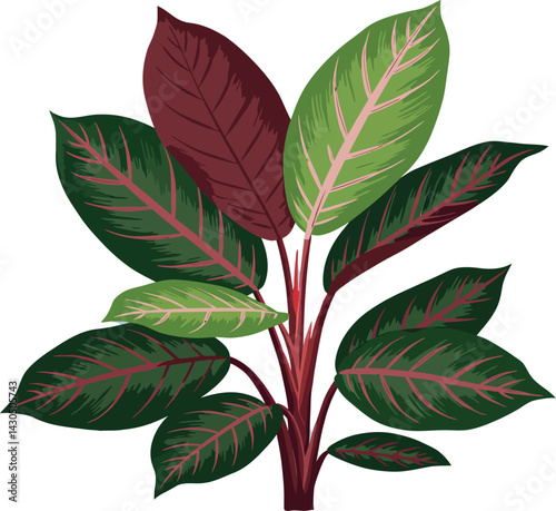 Decorative green and burgundy leaves plant vector illustration with natural patterns and colors 