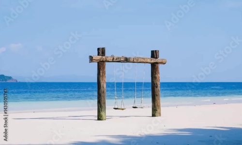 Two empty wooden swings on a white sand beach with clear blue sea and sky. Tropical vacation and relaxation concept.