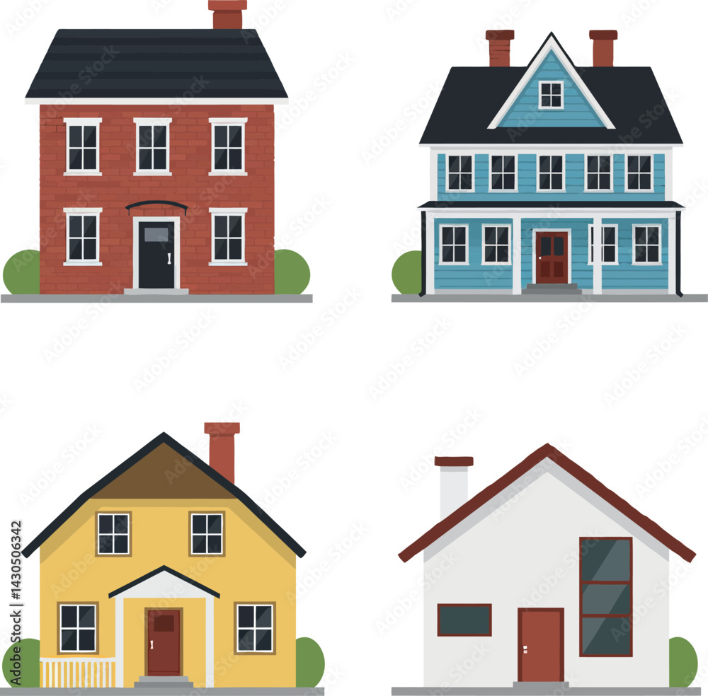 Four residential houses vector illustration with brick, blue, yellow, and white designs Four residential houses vector illustration with brick, blue, yellow, and white designs