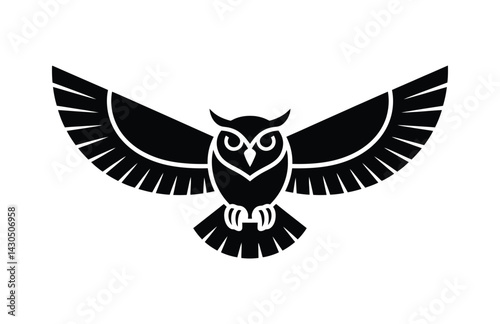 A black silhouette of an owl flying across a calm night sky


