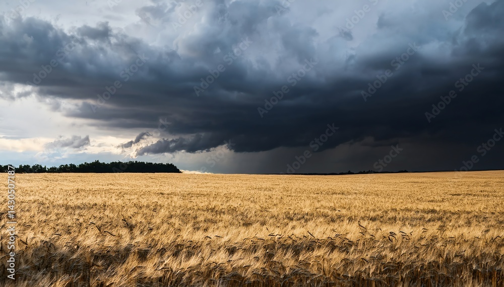 Fototapeta premium A dramatic landscape featuring a golden wheat field under looming dark storm clouds, showcasing the contrast between agriculture and impending weather.