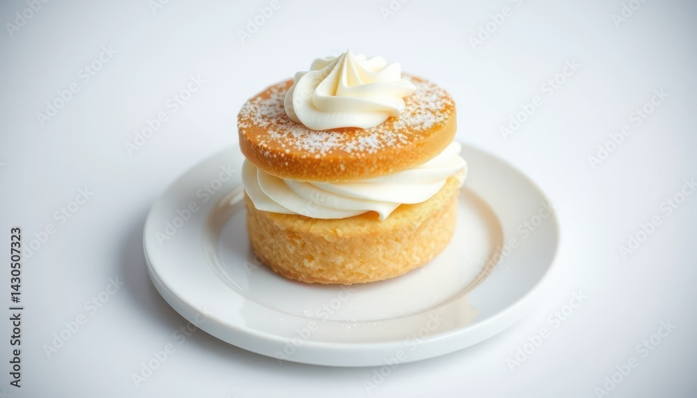 Stacked dessert, topped with whipped cream and icing sugar Stacked dessert, topped with whipped cream and icing sugar