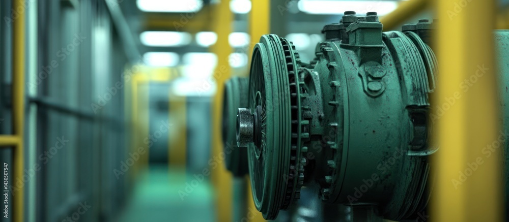 Fototapeta premium Industrial Machinery Close-Up: Teal Green Engine in Factory Setting