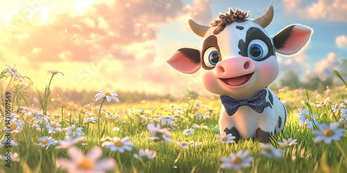 3D Cartoon Illustration Style of a Baby Cow Wallpaper Background for Kids Design Animal Branding, or Storybook Projects