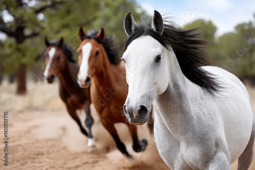 Majestic White Horse Leading Herd Running Wild and Free in Desert Landscape